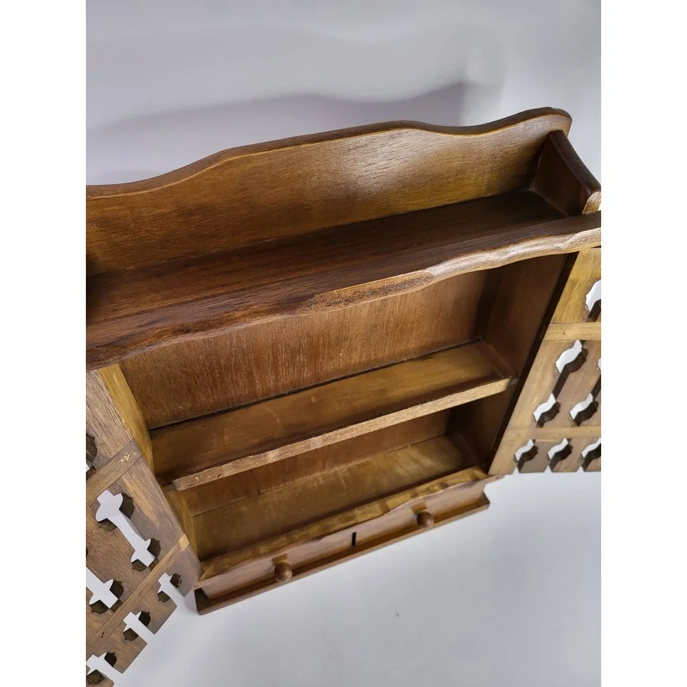Vintage Wooden Wall Spice Rack Apothecary Cabinet Lattice Doors Drawers Taiwan